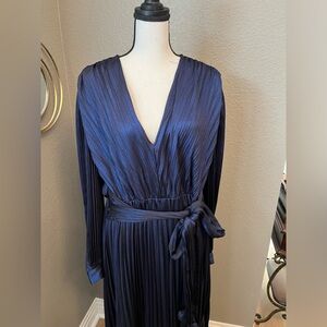 Women's Express Metallic Pleated Tie Front Maxi Dress Blue Size L